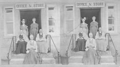 SA0151 - Photo of members of the Church Family, showing five women on steps to the office and store. There is an ad on the back for other views., Winterthur Shaker Photograph and Post Card Collection 1851 to 1921c